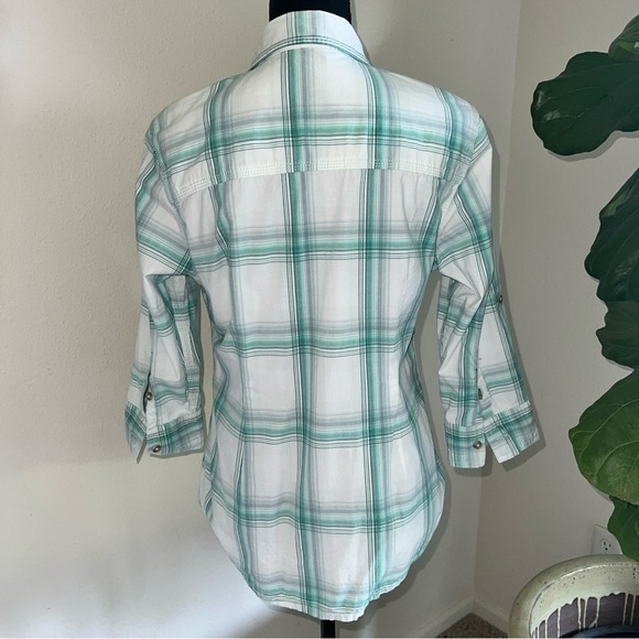 Carhartt Women’s Heron Green White Plaid 3/4 Sleeves Button Down Blouse M 8/10 - Picture 7 of 14